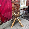 Enn Glass - Handmade Reclaimed Wood Star Legged Glass Top Table. Cafe Bar Restaurant. Custom Made to Order.