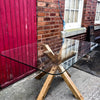 Enn Glass - Handmade Reclaimed Wood Star Legged Glass Top Table. Cafe Bar Restaurant. Custom Made to Order.