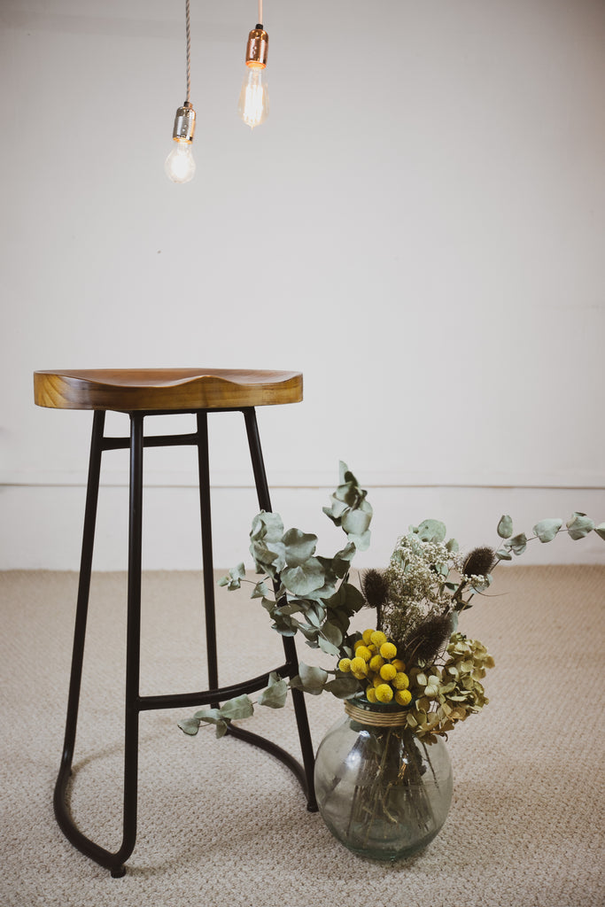 Saeti The 3rd coming - Handmade Industrial Chic Reclaimed Wood Carved Rich Mahogany Tractor Seat with Round Bar legs Stool