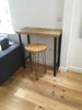 OFSI - Handmade Industrial Chic Reclaimed Wood & Steel Box Leg Brekkie Bar, Poser Table w/ 2 Handcarved Hairpin Stools Custom Made To Order.