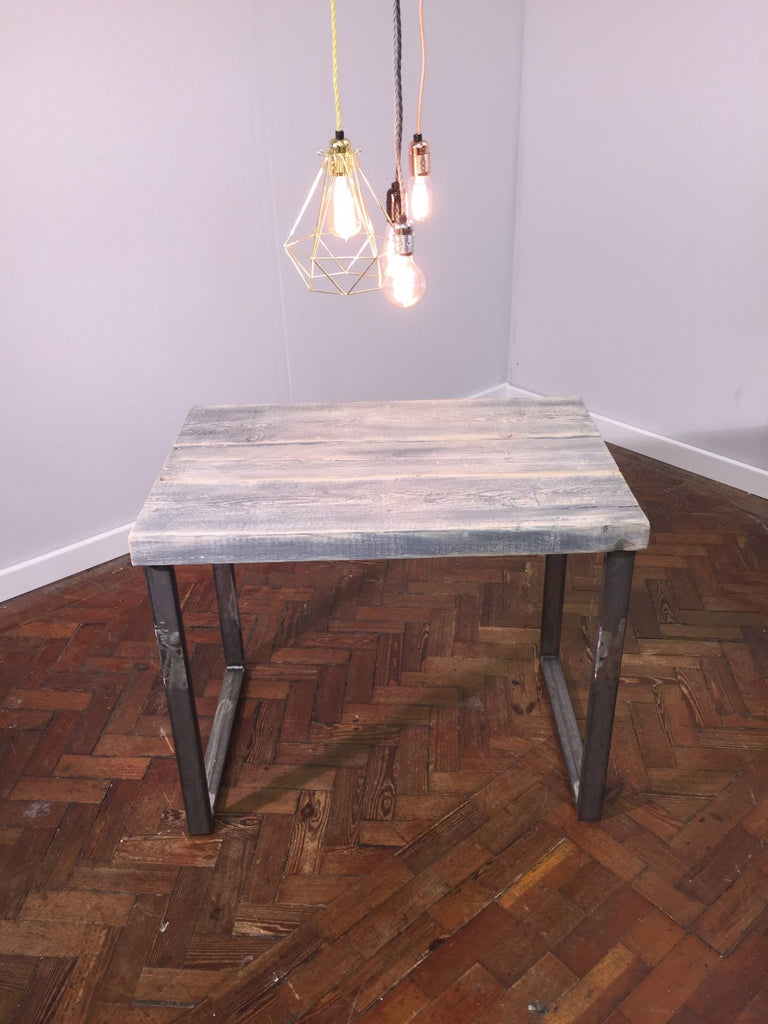 LYSA (Small) - Handmade Industrial Chic Reclaimed Grey Wash Wood & Steel Middy Table with Steel box section legs | Hand & Craft Furniture