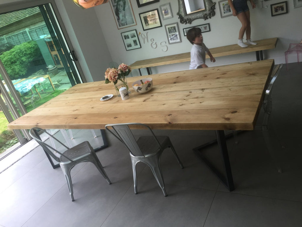 LENGO (XL) - Handmade Industrial Chic Reclaimed Wood with Steel Chevron Style Legs Table. Cafe Bar Restaurant. Custom Made to Order.