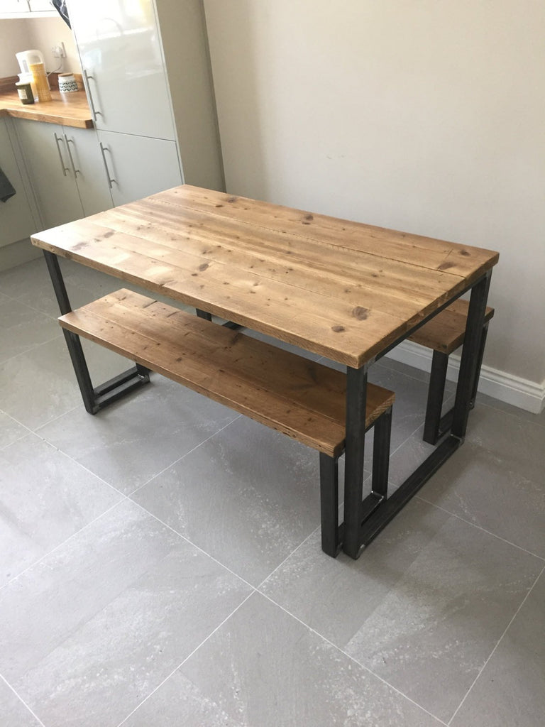 ELDING (Dining) - Handmade Industrial Chic Reclaimed Wood & Steel Box Leg Table w/ 2 matching benches
