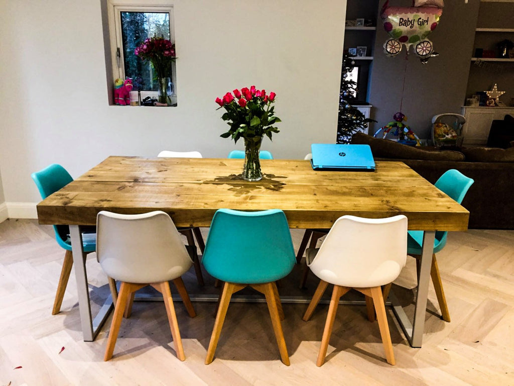 VISS (Large) - Handmade Industrial Chic Reclaimed Railway Sleeper Table w/ Steel Box Legs. Cafe Bar Restaurant. Custom Made to Order.