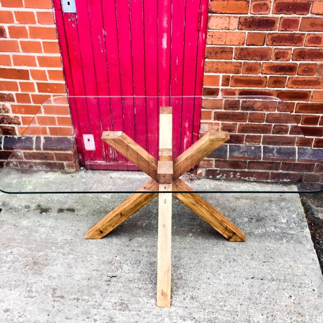 ENN (Glass) - Handmade Reclaimed Wood Star Legged Glass Top Table. Cafe Bar Restaurant. Custom Made to Order.