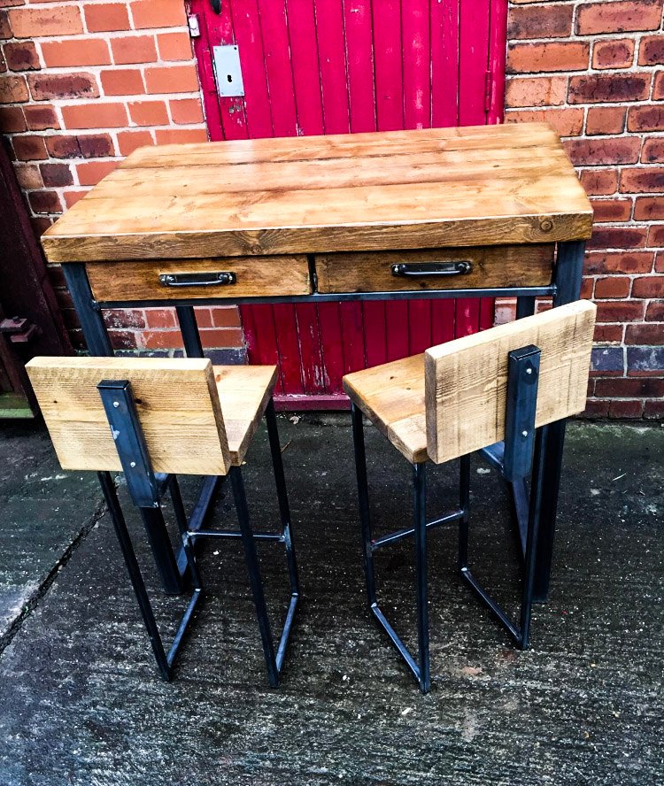 SVEINN (Set) - Handmade Industrial Chic Reclaimed Wood Office, Kitchen Table w/ 4 Drawer and Steel Boxed legs Custom Made To Order.