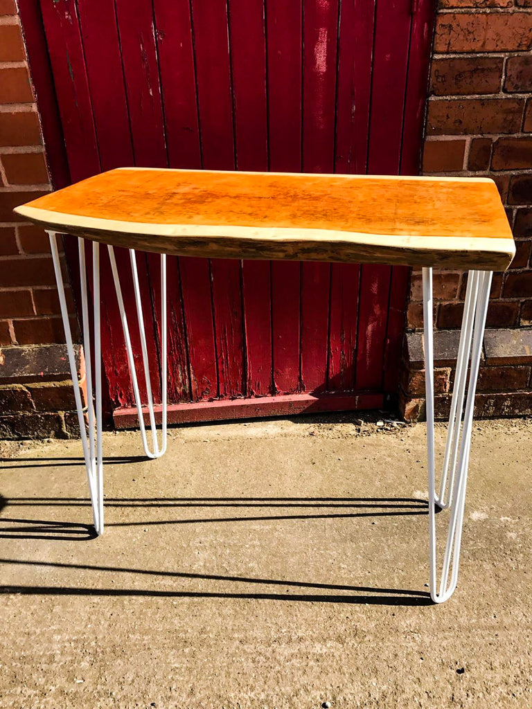 NATTURA (Poser) Handmade Industrial Chic Reclaimed Maple Wood Live Edge Console Table & with White Hairpin Legs - Desk Office Cafe | Hand & Craft Furniture