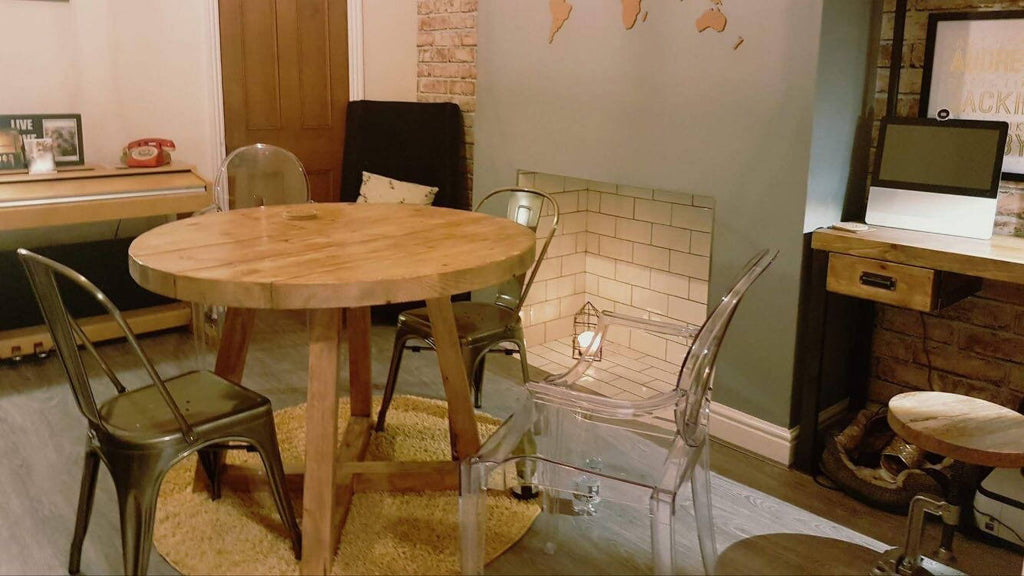 BAUGR (X Leg) - Round Handmade Reclaimed With Wooden X frame Leg Table in Light Stripped Pine finish - Made To Order