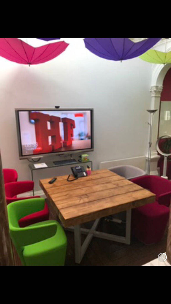 FERSKEYTTR (Small Cross) - Handmade Industrial Chic Reclaimed Railway Sleeper Square Table. Cafe Bar Restaurant. Custom Made to Order.