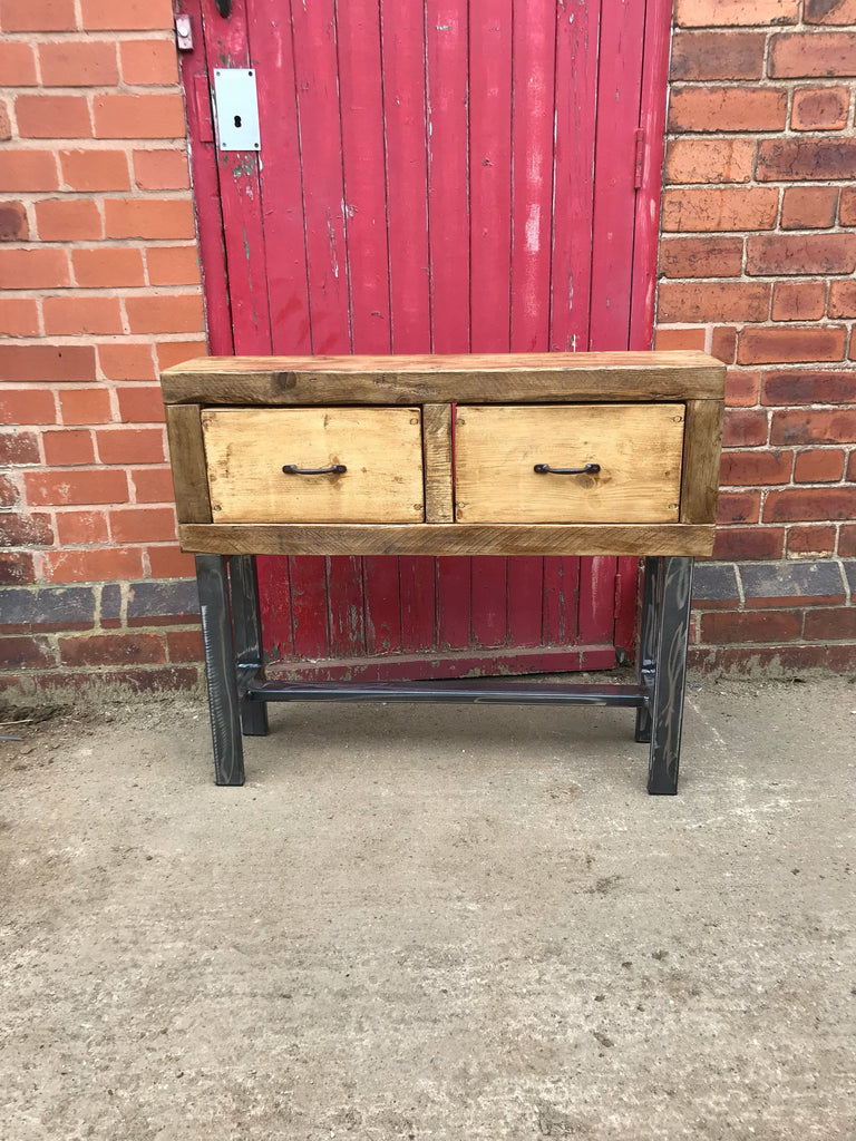 Sveinn - Handmade Industrial Chic Reclaimed Wood Hall Table w/ 2 Drawers and Steel Boxed legs | Hand & Craft Furniture