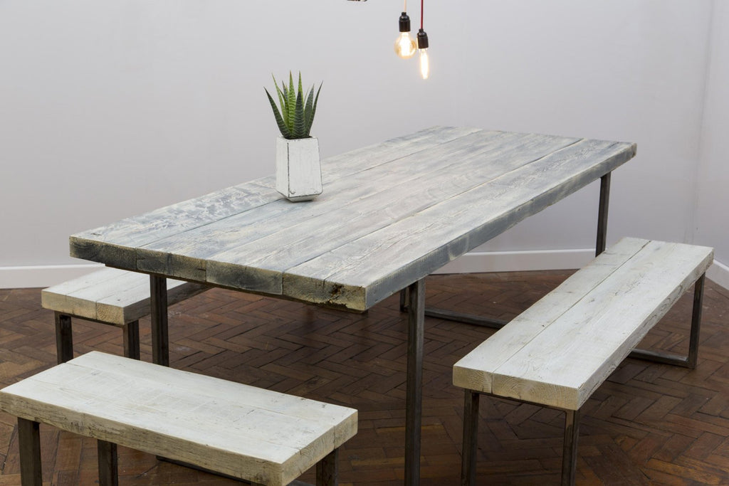 SENN (Set) - Handmade Industrial Chic Reclaimed Wood/ Steel Legs Table with 2 matching benches. Cafe Bar Restaurant. Custom Made to Order.