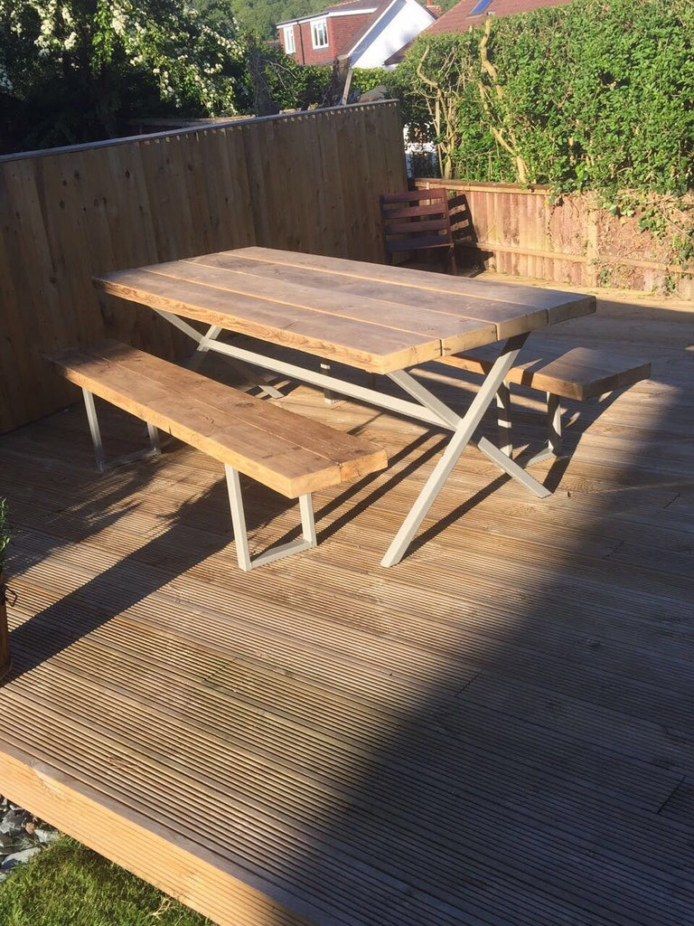 VOXTR (large set) - Handmade Industrial Chic Reclaimed Wood & Steel X Leg Garden Table w/ 2 box legged benches | Hand & Craft Furniture