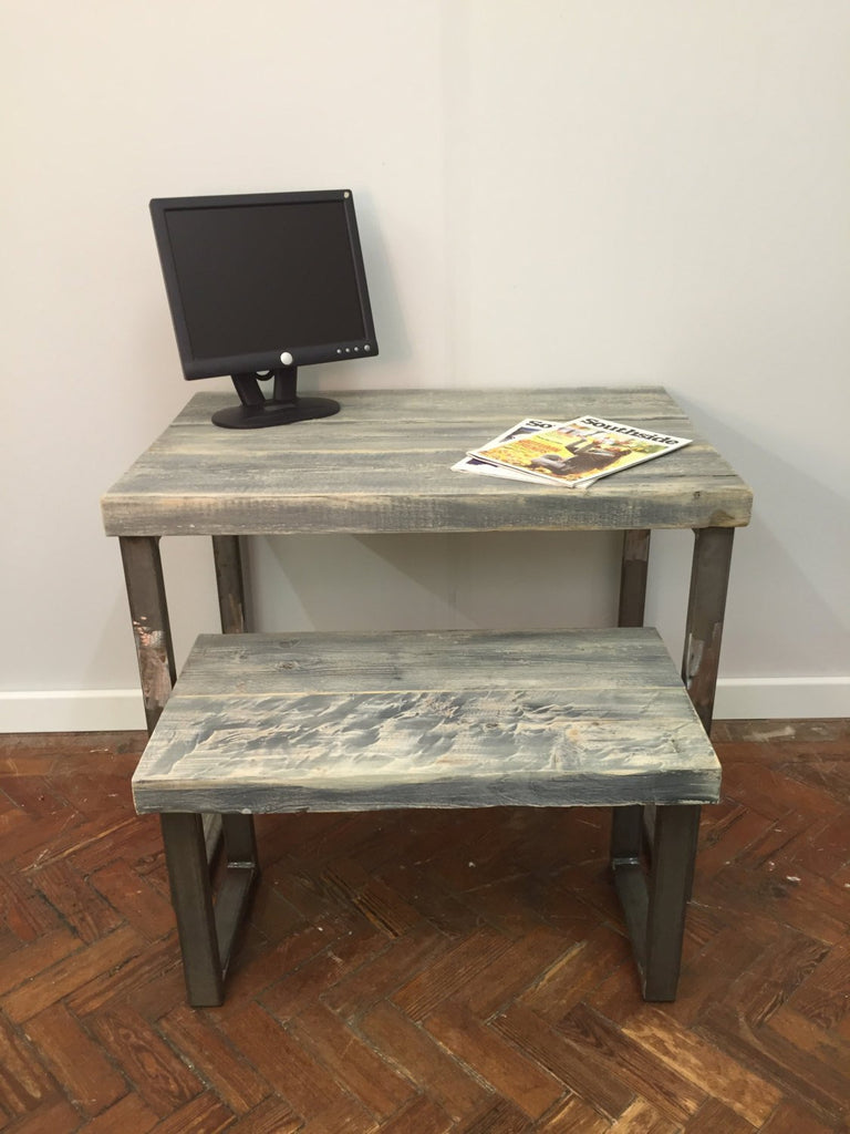 DAGA - Handmade Industrial Chic Reclaimed Grey Wash Wood & Steel Stool/low table with Steel box legs