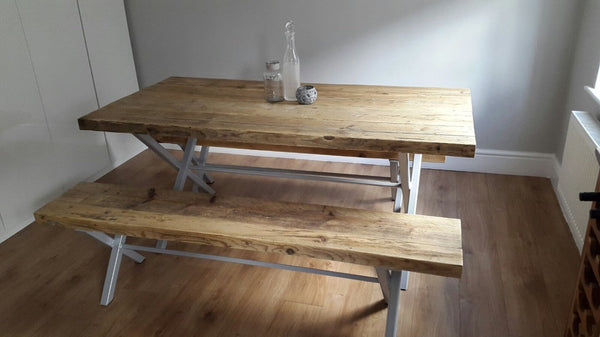 VOXTR (Medium Set) - Handmade Industrial Chic Reclaimed Wood & Steel X Leg Garden Table w/ 2 box legged benches | Hand & Craft Furniture