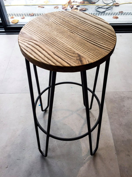 Brooir Round - Brother Handmade Reclaimed Wooden Stool with powdercoated Hairpin circled steel legs Made to Order