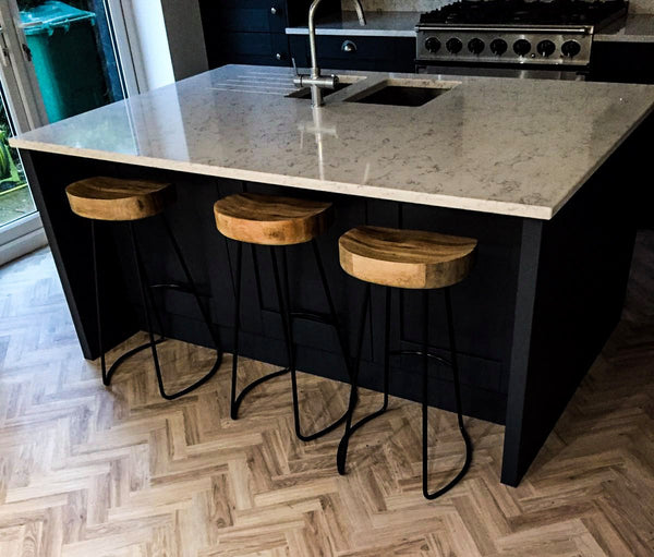 VINATTA - Handmade Industrial Chic Reclaimed Wood Curved Steel Leg Stool with Carved Seat Made to Order