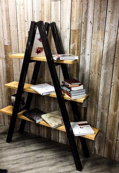 KRAKI - Steel Handmade Reclaimed Box Leg Steel and Wood Ladder Shelving in Light Wax Finish | Hand & Craft Furniture