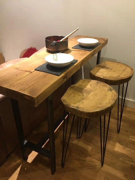 OFSI - Handmade Industrial Chic Reclaimed Wood & Steel Box Leg Brekkie Bar, Poser Table w/ 2 Handcarved Hairpin Stools Custom Made To Order.
