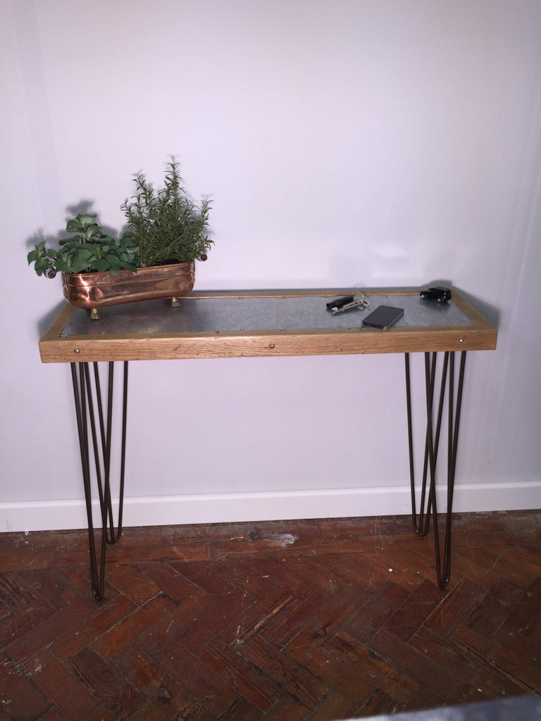 HOND LONG - Handmade Industrial Chic Reclaimed Wood & Zinc Topped insert Console Table w/ Steel hairpin legs Custom Made To Order.