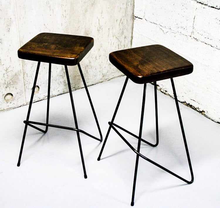VASKR - Handmade Reclaimed Wooden Stool with powder coated Round bar angled out steel legs Made to Order