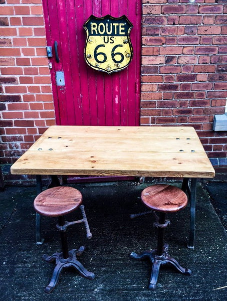 MANNBOO - USA Handmade Canandian Red wood Table with Cast Iron Leg NY City detailing Cafe Bar Restaurant. Custom Made to Order.