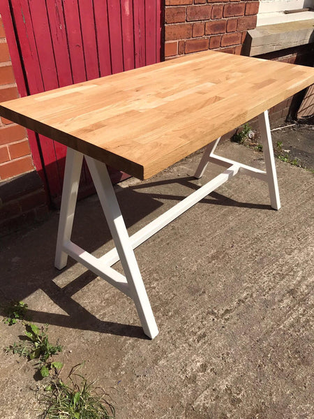 SKAPARI (Small) - Handmade Medium White Powder Coated A Frame Table with 40mm light wax top with 1 Bench - Made to order
