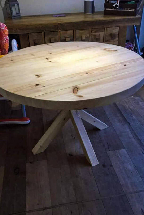 BAUGR LARGE(Star leg) - Round Handmade Reclaimed With Wooden Star frame Leg Table in Light Stripped Pine finish - Made To Order