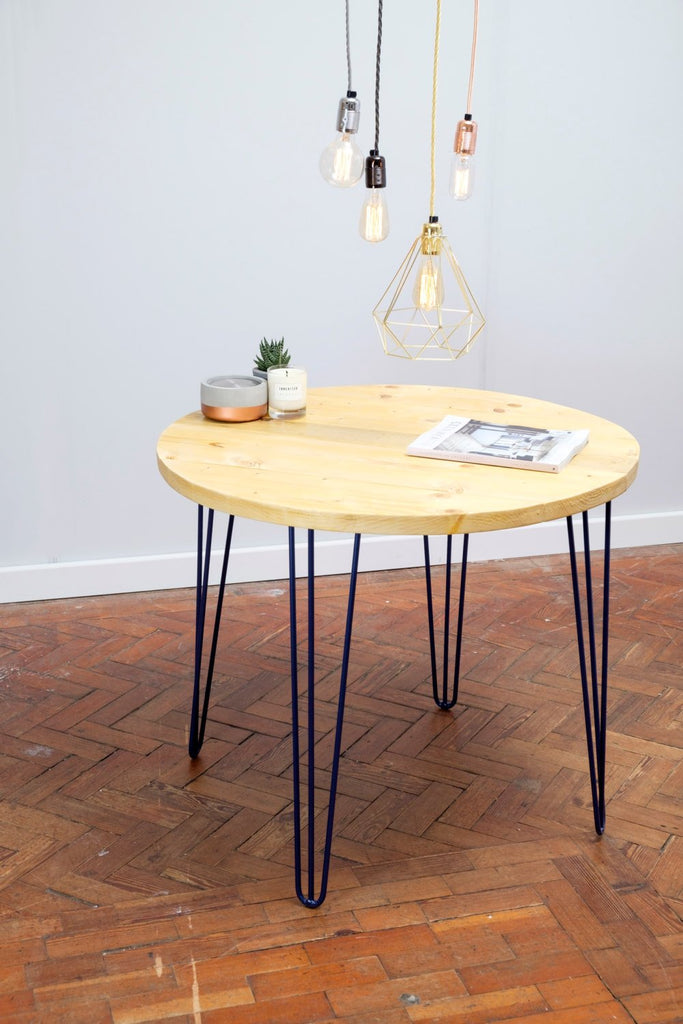 ANGAN - Handmade Reclaimed Round Hairpin Leg Table finished in Yacht Varnish with Cobalt Blue powder coating. Made To Order